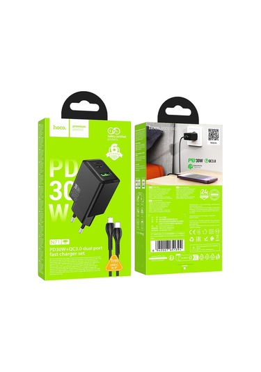Hoco N71 Pd30w + Qc3.0 Çift Portlu Şarj Cihazı 1m Tip-c İle 8 Pin Veri Kablosu, Özellikler: Ab Fişi Siyah Siyah
