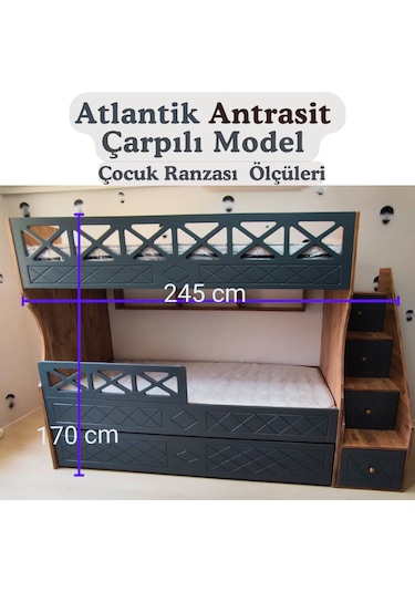 Mdf Atlantik Antrasit Çarpılı Model Çocuk Ranzası