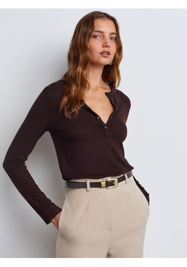 Dilvin 31544 Düğmeli Uzun Kollu Top-koyu Kahve Koyu Kahve