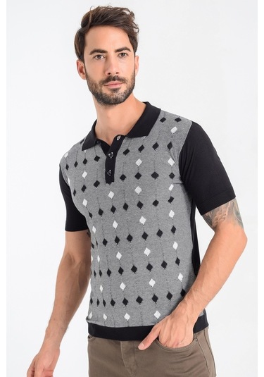 Heyss Kısa Kollu Polo Yaka Desenli Erkek Triko Siyah