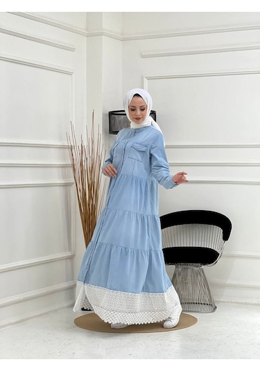 Dantelli Doğal Kumaşlı Boydan Düğmeli Kot Elbise - 001