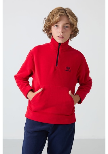 Tommy Life Kırmızı-lacivert Kalın Yumuşak Dokulu Standart Fit Nakışlı Polar Erkek Çocuk Eşofman Takım - 11218 Kırmızı - Lacivert