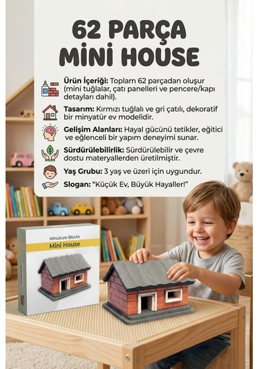 İlk Mini Evim 62 Parça Minyatür Tuğlalı Küçük Ev Tasarımlı Eğitici Yapı Oyuncak İnşaat Seti
