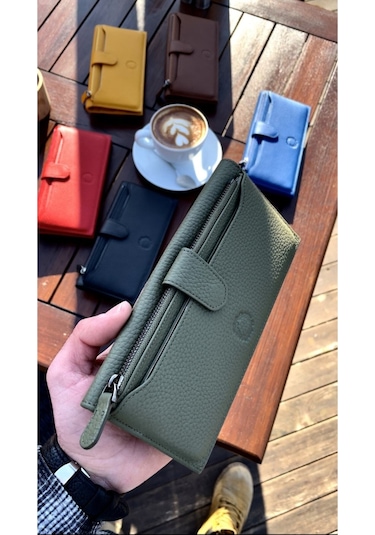 Haki Yeşil Peony Hakiki Deri Telefon Cüzdanı Yeşil