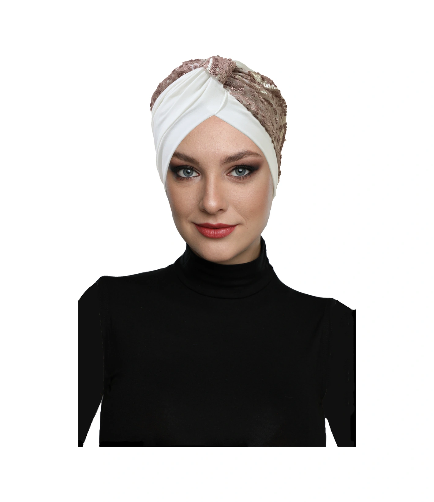 Özel Tasarım Ekru Üzeri Pudra Desenli Payetli Astarlı Hazır Türban Tesettür Abiye Bone Ekru2