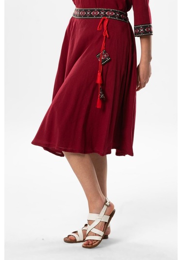 Talya Şile Bezi Püskül Detay Nakışlı Midi Boy Yazlık Etek Bordo Brd-bordo Bordo