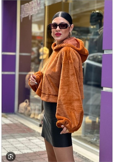 Kadın Crop Boy Yumuşacık Balon Uzun Kol Kapüşonlu Şık Kısa Sweatshirt Turuncu