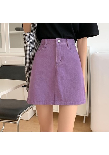 Yaz Yüksek Bel A Hattı Düğmeli Kot Etek Mini Siyah Beyaz Slim Fit Kot Etek Mor