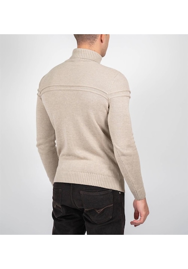 Erkek Tam Boğazlı Örgü Desenli Slim Fit Kazak Ncs Jeans 3659-Bej