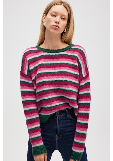 Peraluna Karmina Çizgili Kadın Triko Krop Kazak - Koyu Yeşil Multi Koyu Yeşil