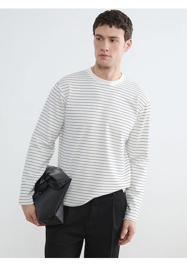 Lc Waikiki Ekru Bisiklet Yaka Çizgili Erkek Sweatshirt