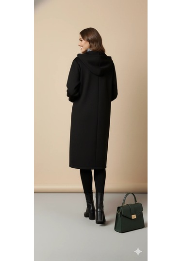 Kadın Gri Kapüşonlu Balon Kol Fermuarlı Kaban Oversize Midi Boy Kışlık Kaşe Mont Siyah