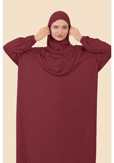 Tek Parça Tesettür Namaz Elbisesi Tak Çıkar Başörtülü Organik Pamuklu Lastikli Kolu Kaymaz Penye Bordo