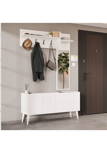 5065 Theo 4 Kapaklı 6 Raflı 4 Askılı Sağ Aynalı Portmanto Beyaz