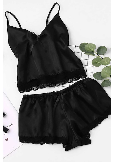 Merry See Saten Dantelli Şortlu Pijama Takım Siyah