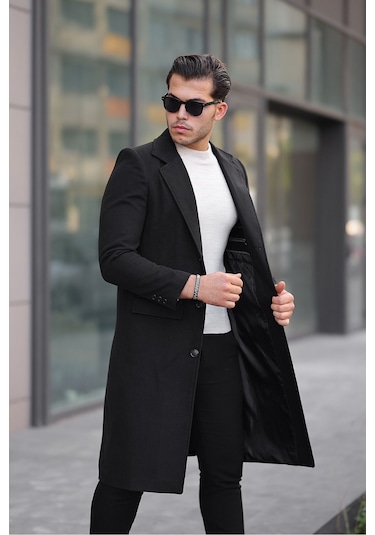 Erkek Siyah Dar Kesim Uzun Yün Karışımlı Kaşe Kaban Siyah
