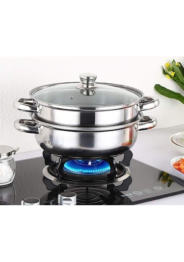 Novahub Paslanmaz Çelik Sebze Buharlı Pişirici Tava Seti - Şeffaf Gıda Ocak Pot Çift Kazanlar Sos Single-pot Tencere Seti Gümüş