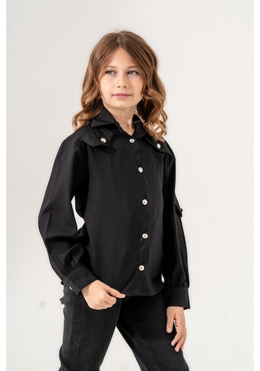 Kız Çocuk Cep Süslü Gömlek 3140 Siyah