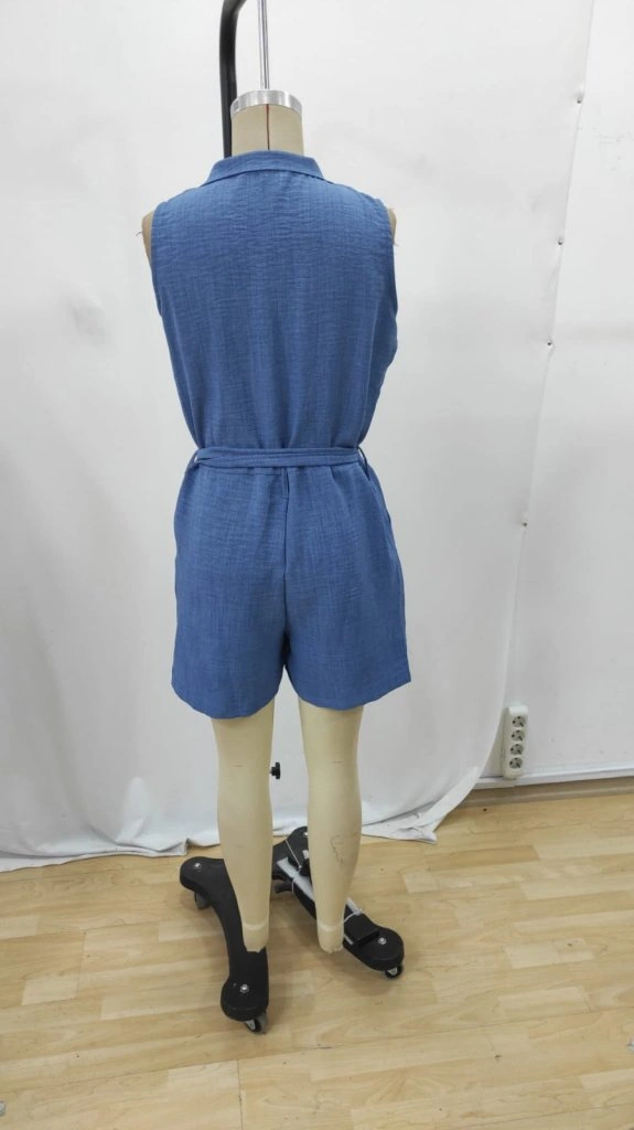 S-pazarım Kadın Sıfır Kollu Yakalı Düğmeli Belden Kuşaklı Kısa Keten Tulum Mavi