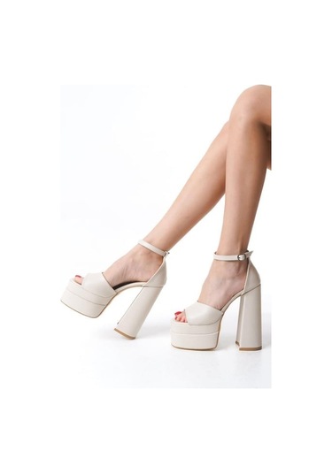 Asmi Shoes Kadın Wilma Bej Tek Bantlı 15 Cm Çift Platform Topuklu Ayakkabı Bej