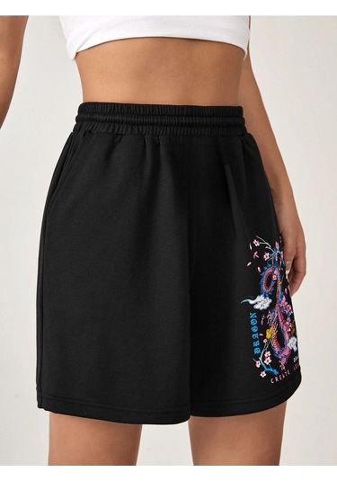 Siyah Kısa Renkli Dragon Şort - Penye Baskılı Kordonlu Siyah