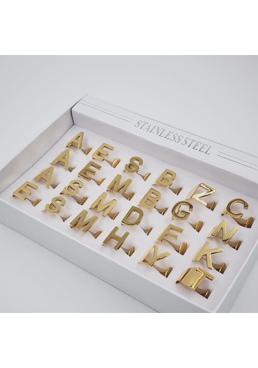 Çelik Gold Düz Kesim Harf Yüzük -t Harfi- Ayarlı Ölçü-1899 Altın