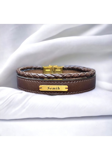 Semih Yazılı Kahverengi Derili Dikdörtgen Figürlü 14 Ayar Altın Plakalı Hediye Bileklik-531isim Semih