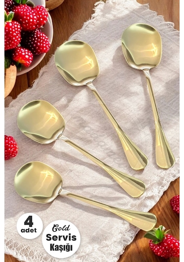 Madamev 4'lü Gold Servis Kaşığı Paslanmaz Çelik Lüx Salata Börek Pasta Fırın Tavuk Patates Servis Ka