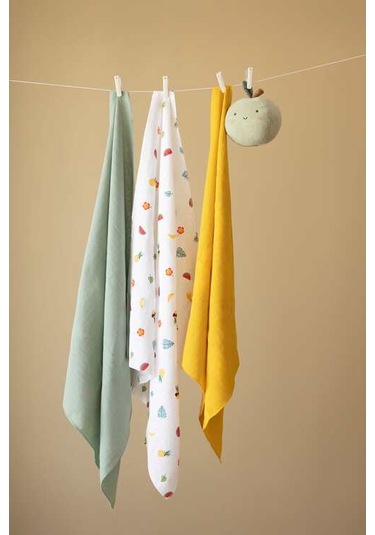 Çok Amaçlı Müslin Örtü & Battaniye 3'lü Set Pamuk Oeko-teks Sertifikalı 80x80 CM Beyaz - Hardal