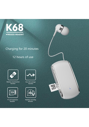 K68 Kart İş Yaka Klips Tipi Tek Kulak Bluetooth Kulaklık Beyaz