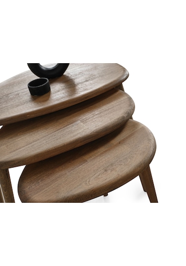 Masif Doğal Ahşap Zigon Sehpa 3'lü Set, Modern Ceviz Yan Sehpa