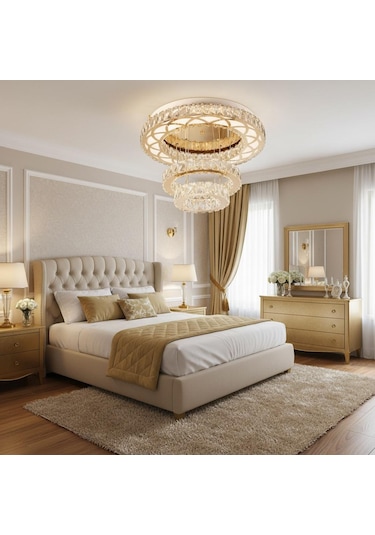 Plafonyer Lazer Kesim Kristal Taşlı Gold Ledli Avize