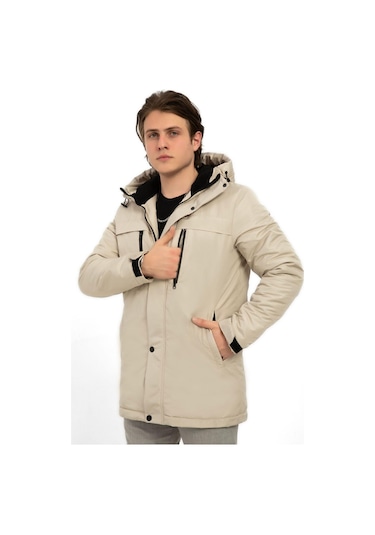 Erkek Polarlı Kürklü Su Ve Rüzgar Geçirmez Kapüşonlu Kışlık Mont & Kaban & Parka Taş