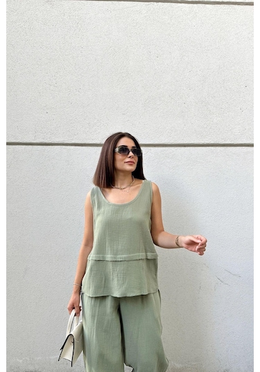 Haki İthal Müslin Kumaş, Basic, Katlı, Salaş Askılı Bluz & Atlet Haki