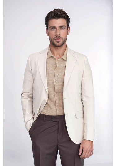 Bej Balıksırtı Desenli Gold Renk Metal Düğmeli Slim Fit Erkek Blazer Ceket - Wessi Cream