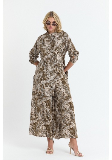 Schık Kadın Viskon Rahat Bol Paça Truvakar Kol Önü Düğmeli Baskılı Takım Kahverengi