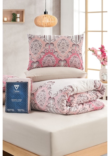 Tabea Home Soft Dreams Serisi Rose Çift Kişilik Pamuklu Desenli Nevresim Takımı Lastikli Çarşaflı Pudra