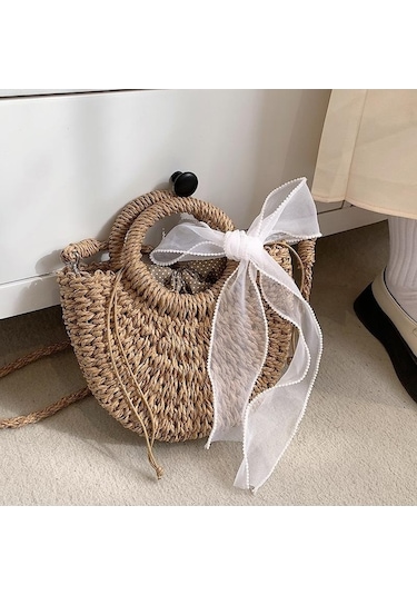 Haki El Yapımı Yarım Yuvarlak Rattan Dokuma Hasır Plaj Çantası Yaz Kadın Crossbody Çanta 24 9 18cm Haki