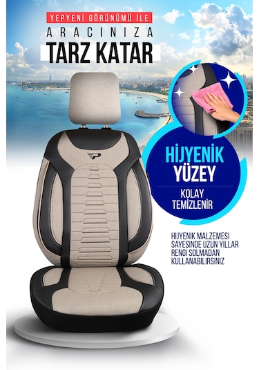 Bej - Siyah Panda Bakü Serısı Keten Kumaş Oto Koltuk Kılıfı - Tam Set