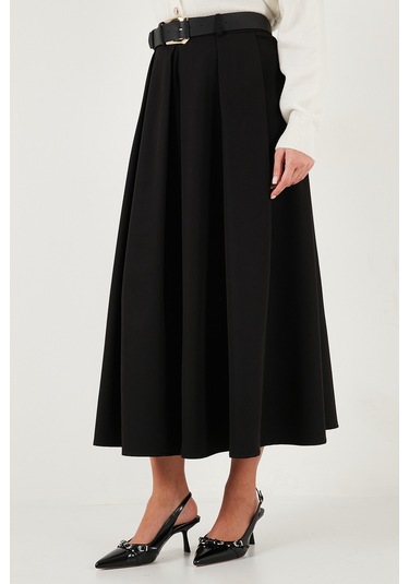 Lela Modest Kemerli Comfort Fit Yüksek Bel Pileli Kloş Uzun Tesettür Bayan Etek 6833360 Siyah