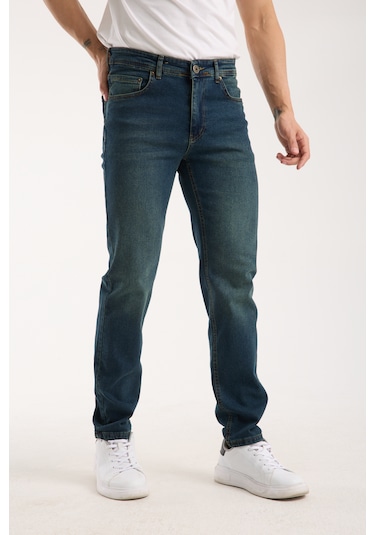 Erkek Pantolon Regular Fit Yeşil Tint Fermuarlı Rahat Giyim Jeans Yeşil Tint