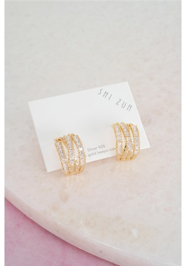 Kadın Vip Seri Baget Zirkon Taşlı 925 Ayar Gümüş Klipsli Küpe Seti - Altın