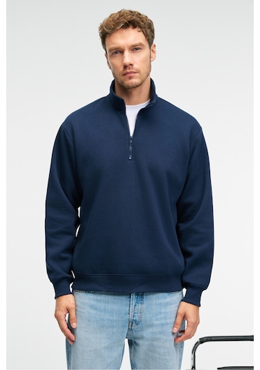 Grimelange BAXTER Erkek Dik Yakalı Fermuarlı Relaxed Lacivert Sweatshirt