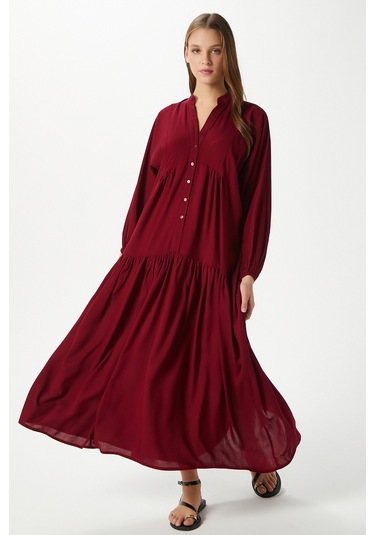 Prive Kadın Base %100 Viskon Bordo Maksi Boy Yazlık Elbise