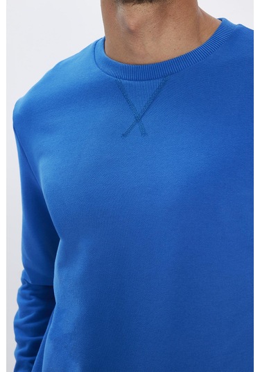 Unisex Relax Fit Rahat Kesim %100 Pamuk Basic Saks Mavi Bisiklet Yaka Sweatshirt-31743-saks Mavi Saks Mavi