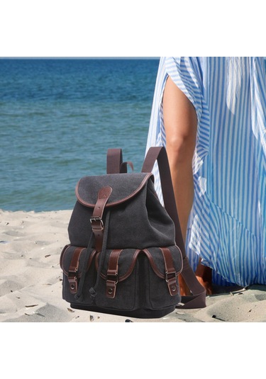 Suntek Kanvas Sırt Çantası Okul Yürüyüş Satchel Çanta Siyah