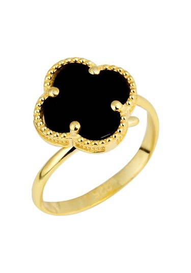 14k Altın Kaplamalı 925 Ayar Gümüş Granada Saray Yoncası Yüzük - Siyah Oniks 34025202 Altın