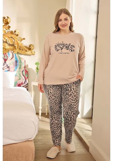 Büyük Beden Termal Kadın Uzun Kol Pijama Takımı 240682 Bej Bej