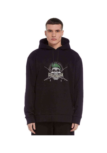 Askeri Style Baskılı Siyah Erkek Örme Kapşonlu Sweatshirt