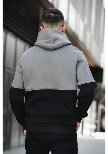 Oksit Kewin Üç İplik Şardonlu Baskılı Çift Renk Parçalı Kapüşonlu Erkek Sweatshirt 001